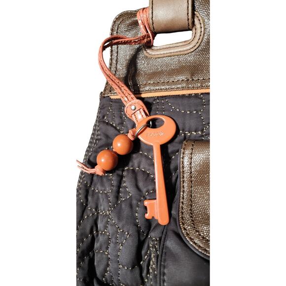 Fossil Key-Per Quilted/Leather Shoulder Bag Brown Orange Key Tag Attached - Picture 3 of 7